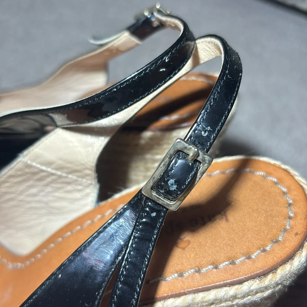 kate spade black patent leather bow platform wedge espadrille open toe heel 9